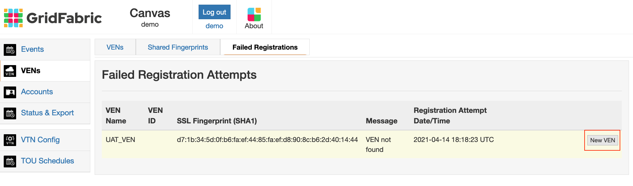 Failed Registration Screenshot